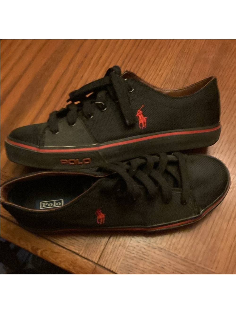 Rare Ralph Lauren Polo Black Canvas Sneakers with Red Accents Sz 11